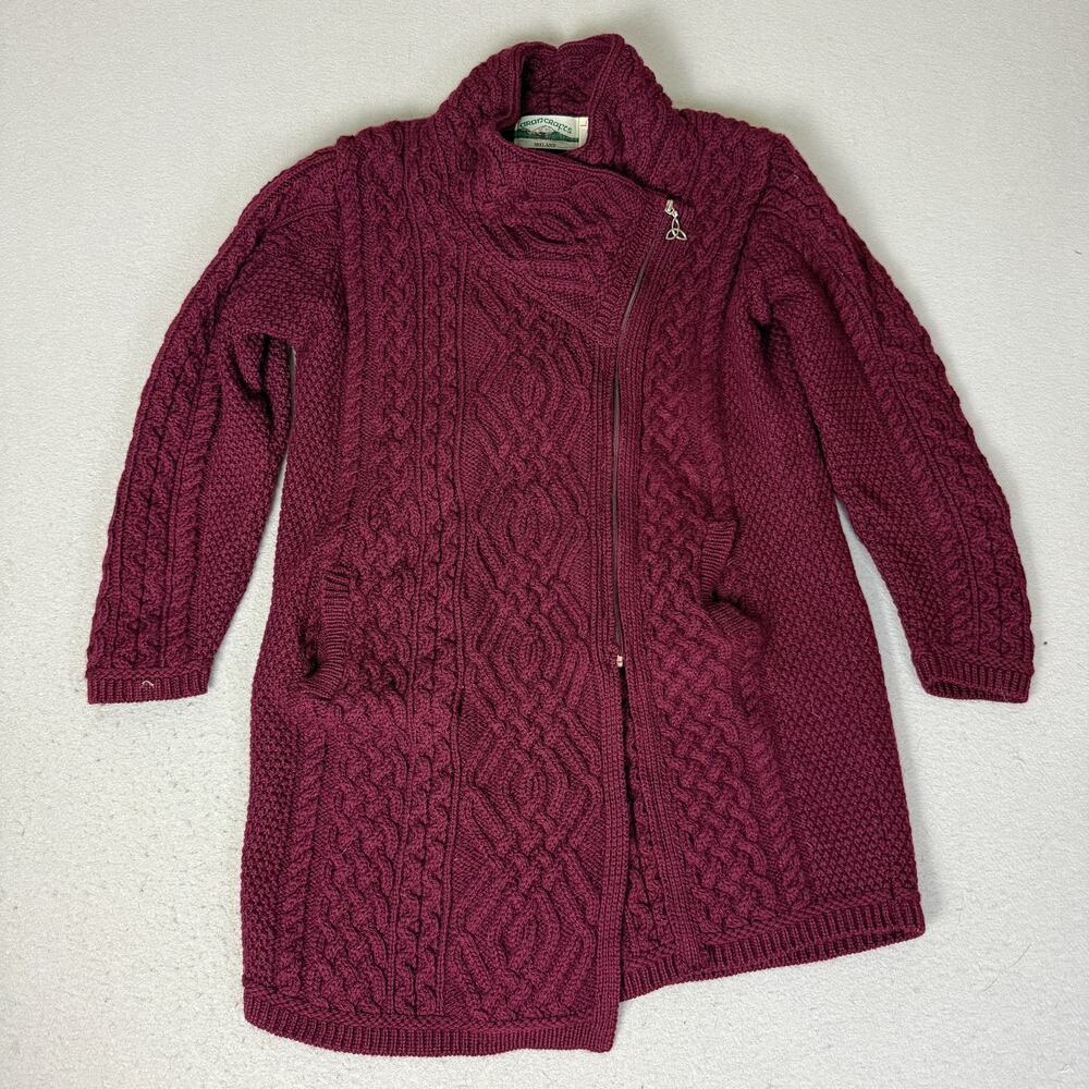 Aran Crafts Women L Burgundy 100% Merino Wool Cable Knit Long Zip Cardigan